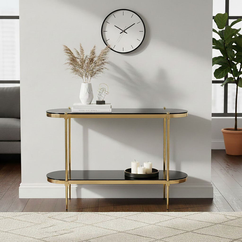 Gold Frame 2 Tier Console Table with Black Tempered Glass