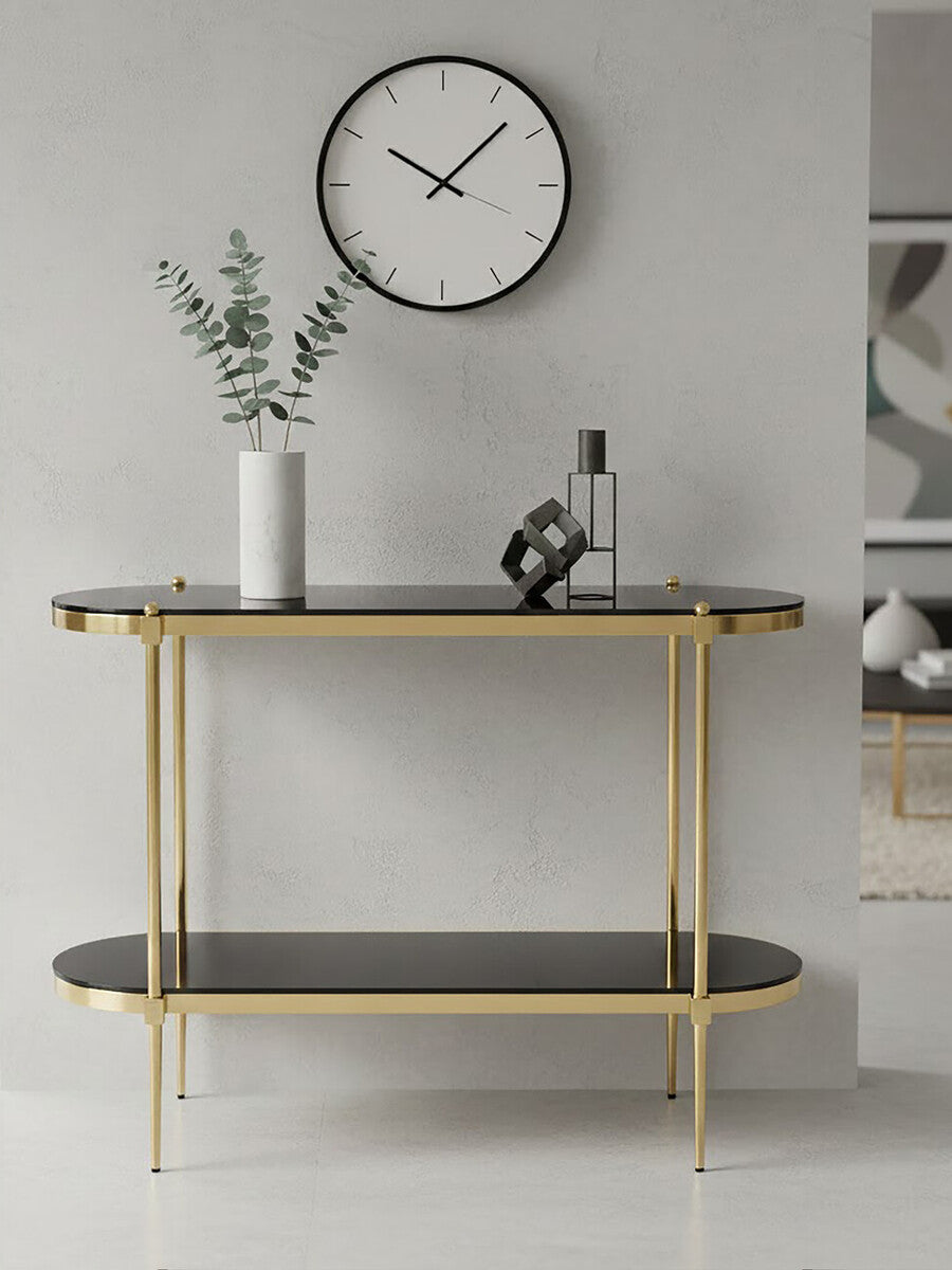 Gold Frame 2 Tier Console Table with Black Tempered Glass