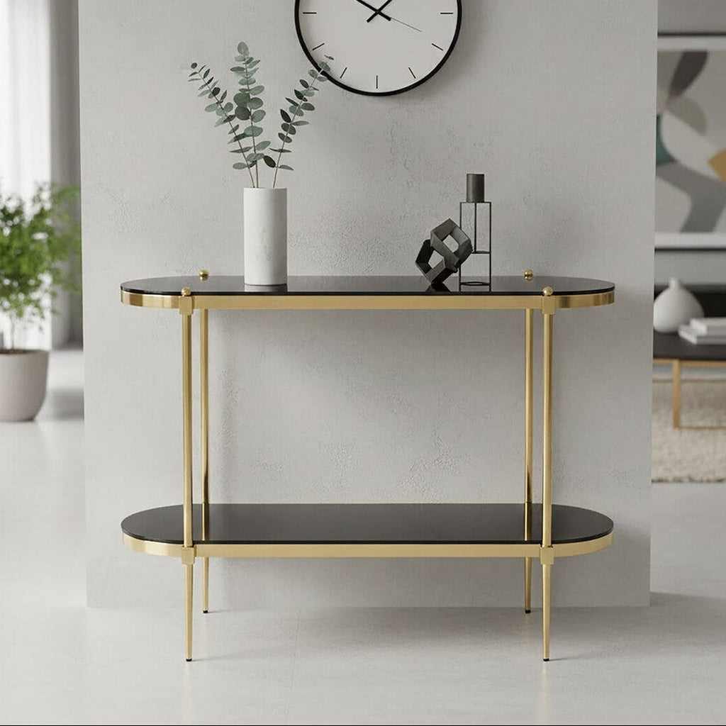 Gold Frame 2 Tier Console Table with Black Tempered Glass