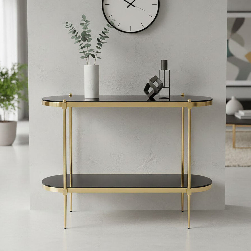 Gold Frame 2 Tier Console Table with Black Tempered Glass