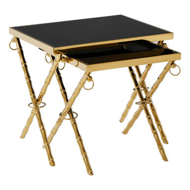 Set of 2 Gold and Black Nesting Tables with Glass Tops