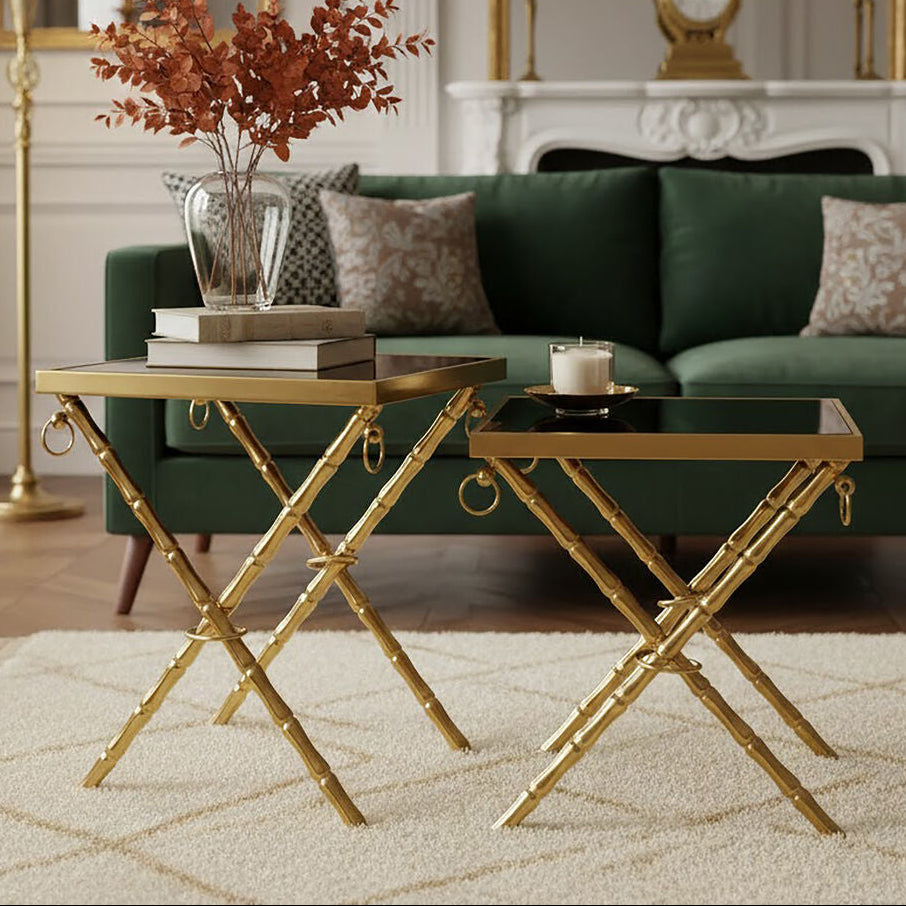 Set of 2 Gold and Black Nesting Tables with Glass Tops