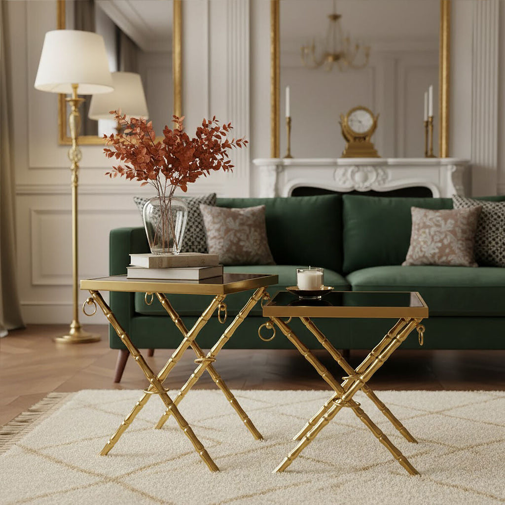 Set of 2 Gold and Black Nesting Tables with Glass Tops