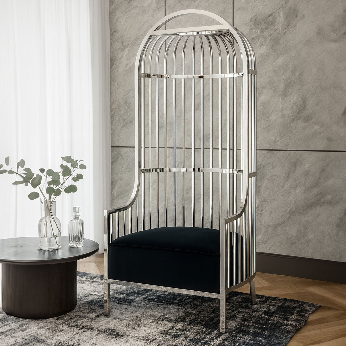 Silver Dome Cage Chair with Black Cushioned Seat