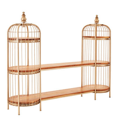 Champagne Gold Birdcage Shelf Unit with Natural Wood Shelves