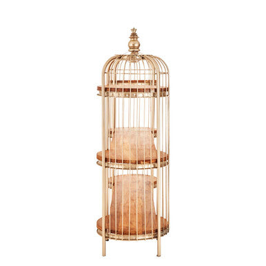 Champagne Gold Birdcage Shelf Unit with Natural Wood Shelves