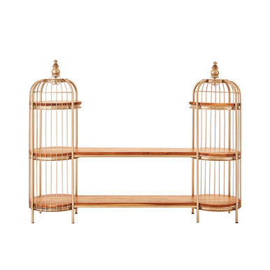 Champagne Gold Birdcage Shelf Unit with Natural Wood Shelves