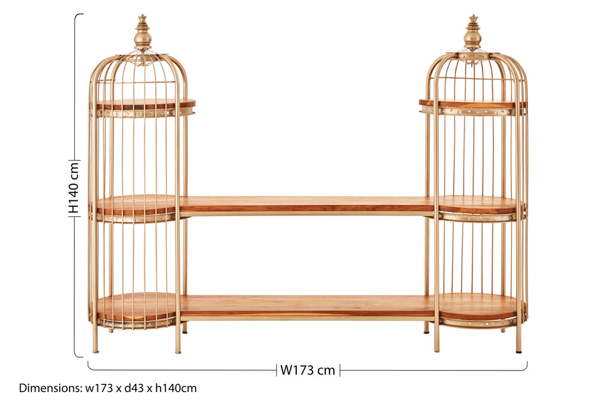 Champagne Gold Birdcage Shelf Unit with Natural Wood Shelves