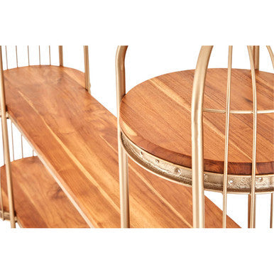 Champagne Gold Birdcage Shelf Unit with Natural Wood Shelves