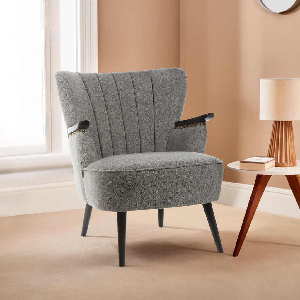 Grey Fabric Armchair with Walnut Accents