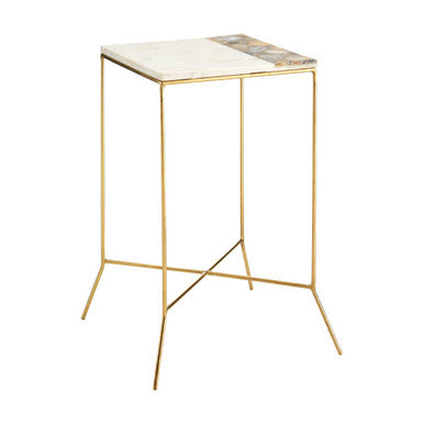 White Marble Square Side Table with Agate Inlay and Brass Legs