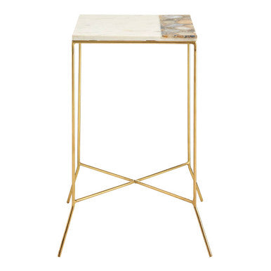 White Marble Square Side Table with Agate Inlay and Brass Legs