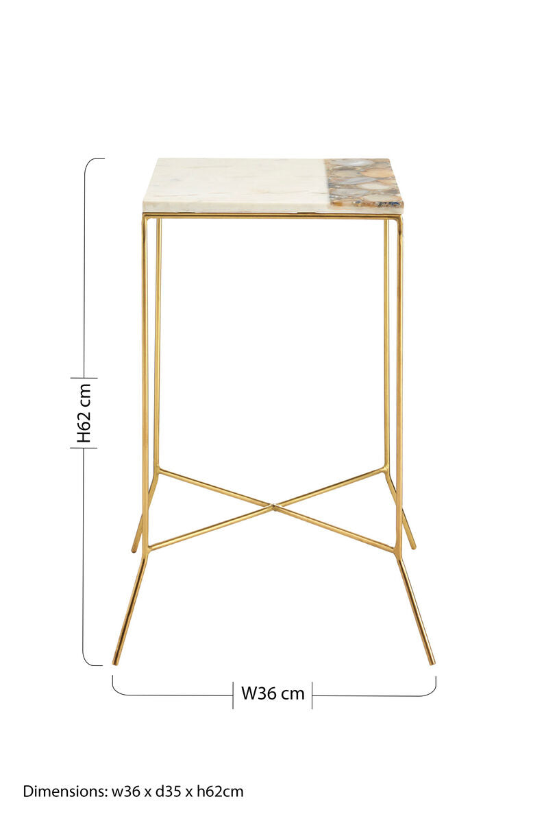 White Marble Square Side Table with Agate Inlay and Brass Legs