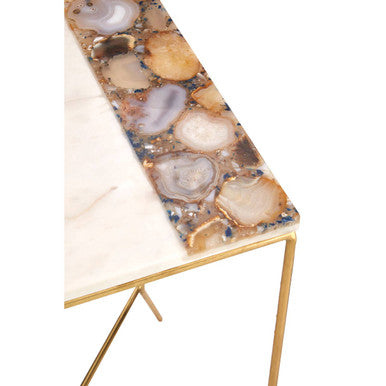 White Marble Square Side Table with Agate Inlay and Brass Legs