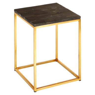 Black Petrified Wood Square Side Table with Brass Iron Base