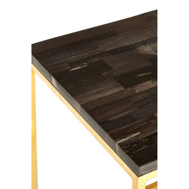 Black Petrified Wood Square Side Table with Brass Iron Base