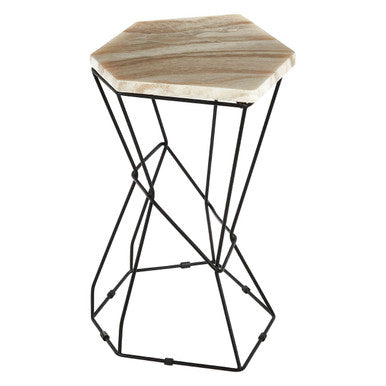 Patterned Natural Onyx Stone Top Side Table with Black Wireframe Base