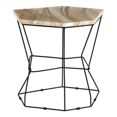 Patterned Natural Onyx Stone Top Side Table with Black Wireframe Base
