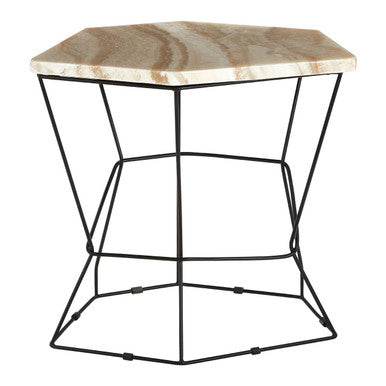 Patterned Natural Onyx Stone Top Side Table with Black Wireframe Base