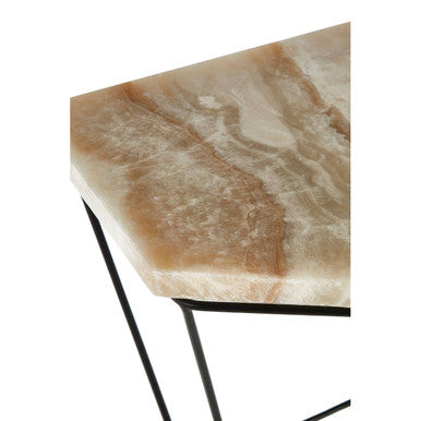 Patterned Natural Onyx Stone Top Side Table with Black Wireframe Base