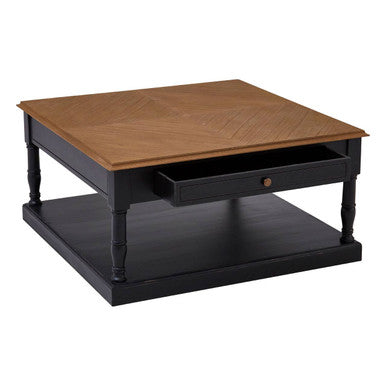 Black and Natural Wood Coffee Table with Storage Drawer