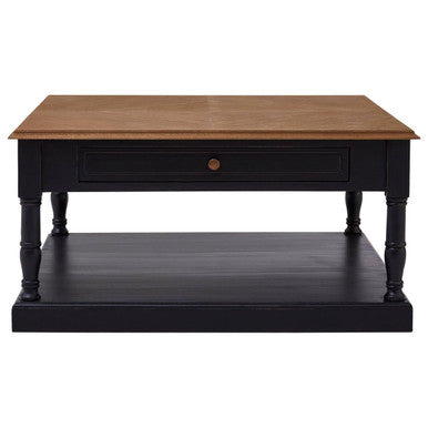 Black and Natural Wood Coffee Table with Storage Drawer