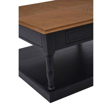 Black and Natural Wood Coffee Table with Storage Drawer