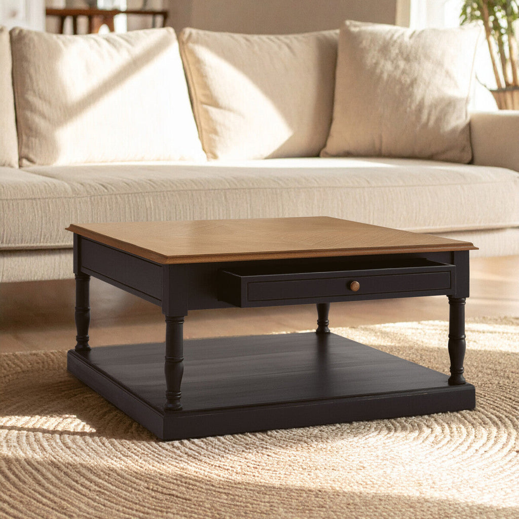 Black and Natural Wood Coffee Table with Storage Drawer