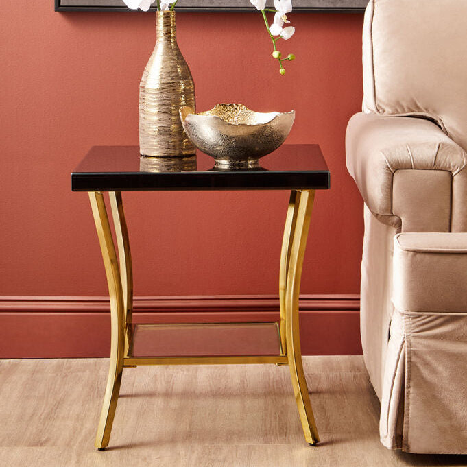 Black Mirror Glass Top Side Table with Gold Curved Iron Legs