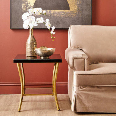 Black Mirror Glass Top Side Table with Gold Curved Iron Legs