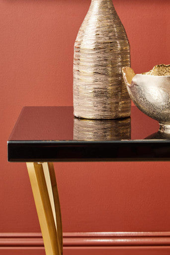 Black Mirror Glass Top Side Table with Gold Curved Iron Legs