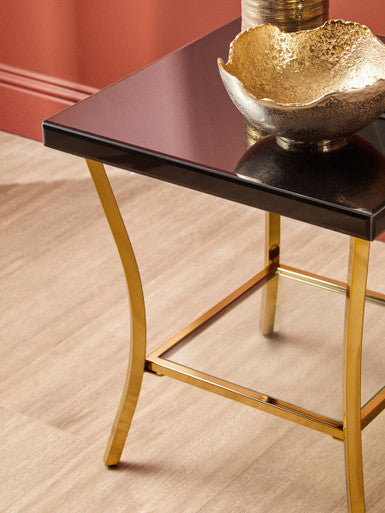 Black Mirror Glass Top Side Table with Gold Curved Iron Legs
