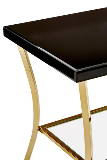 Black Mirror Glass Top Side Table with Gold Curved Iron Legs