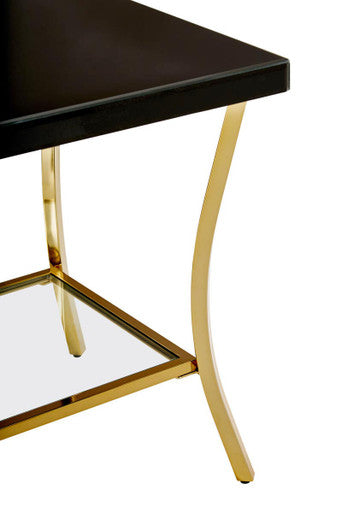 Black Mirror Glass Top Side Table with Gold Curved Iron Legs