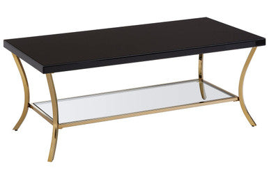 Glossy Black Coffee Table with Gold Curved Legs and Mirrored Shelf
