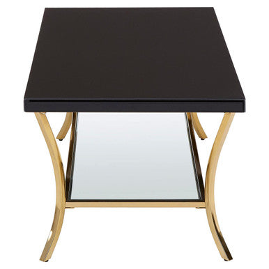 Glossy Black Coffee Table with Gold Curved Legs and Mirrored Shelf