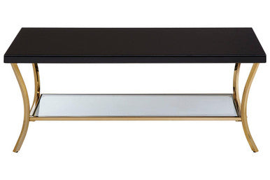 Glossy Black Coffee Table with Gold Curved Legs and Mirrored Shelf