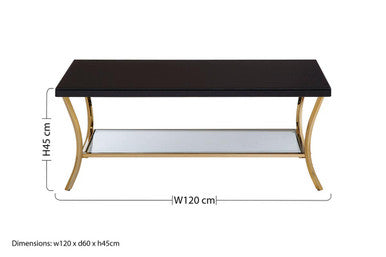 Glossy Black Coffee Table with Gold Curved Legs and Mirrored Shelf