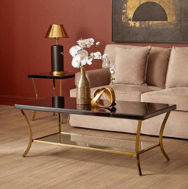 Glossy Black Coffee Table with Gold Curved Legs and Mirrored Shelf