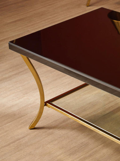 Glossy Black Coffee Table with Gold Curved Legs and Mirrored Shelf