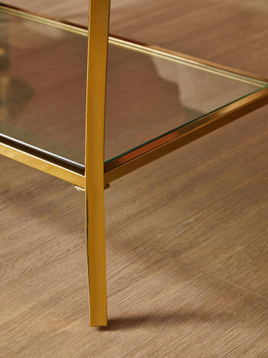 Glossy Black Coffee Table with Gold Curved Legs and Mirrored Shelf