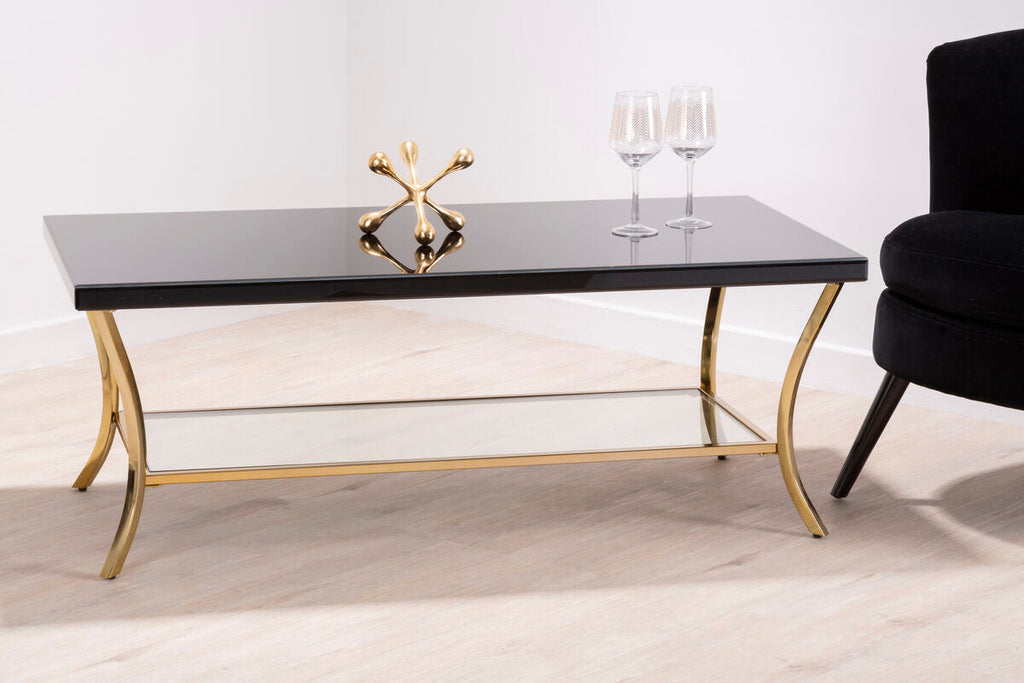 Glossy Black Coffee Table with Gold Curved Legs and Mirrored Shelf