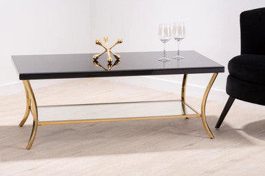 Glossy Black Coffee Table with Gold Curved Legs and Mirrored Shelf