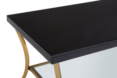 Glossy Black Coffee Table with Gold Curved Legs and Mirrored Shelf