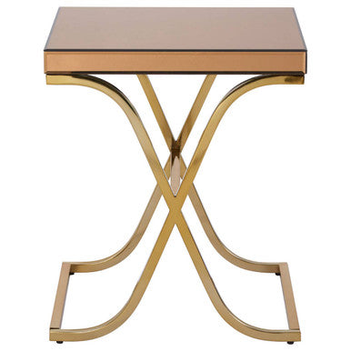 Brown Square Glass Top Side Table with Gold Cross Base