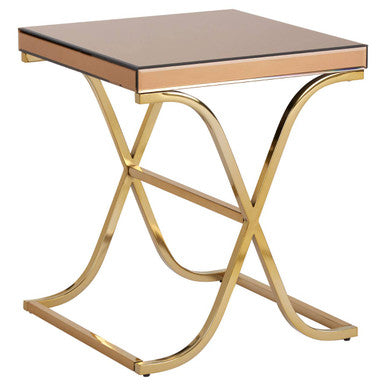 Brown Square Glass Top Side Table with Gold Cross Base