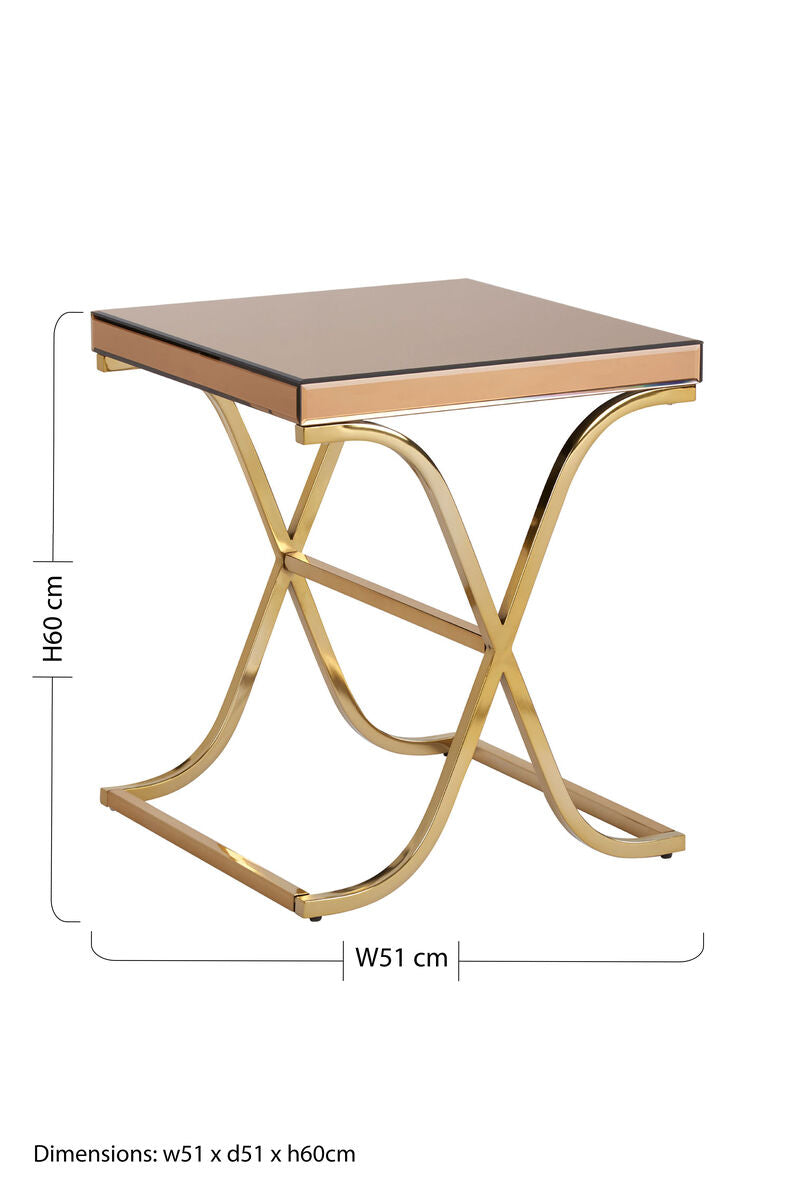 Brown Square Glass Top Side Table with Gold Cross Base