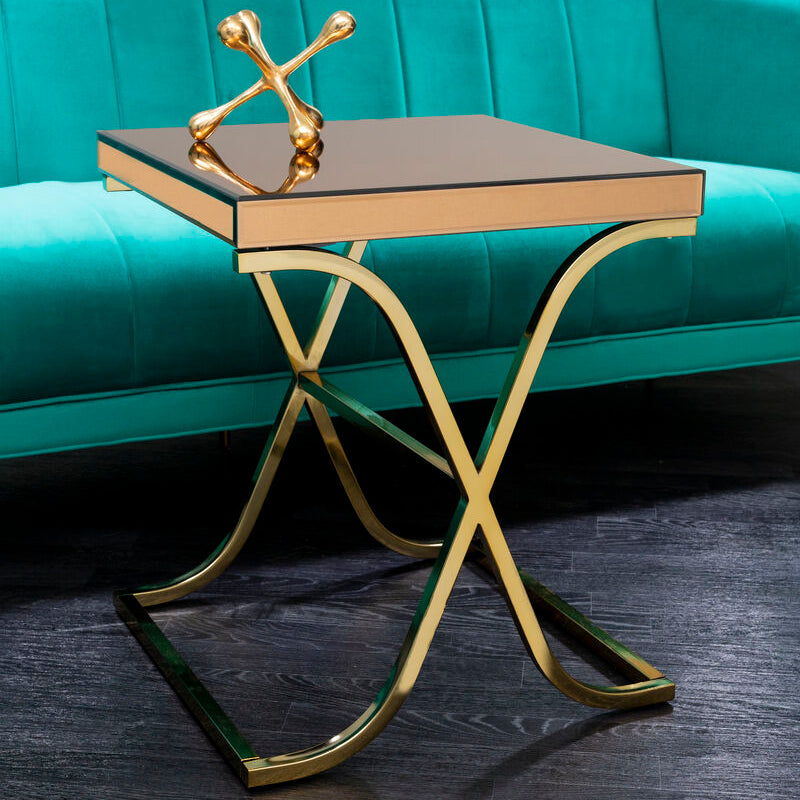 Brown Square Glass Top Side Table with Gold Cross Base