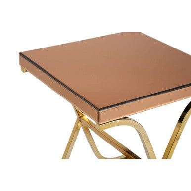 Brown Square Glass Top Side Table with Gold Cross Base
