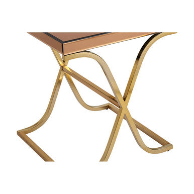 Brown Square Glass Top Side Table with Gold Cross Base